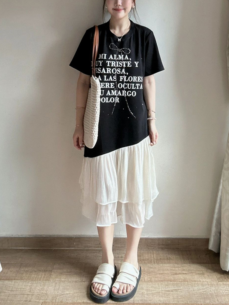 Plus Size Spliced Fake Two-Piece Dress for Women, Flattering Loose Fit, Stylish Design, Hides Belly, Perfect for Curvy Figures Plus Size Spliced Fake Two-Piece Dress for Women, Flattering Loose Fit, Stylish Design, Hides Belly, Perfect for Curvy Figures