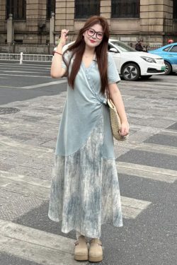 Plus Size Spliced Strap Short Sleeve Dress for Women - 2025 New Slimming Cover-Up, Trendy Long Dress for Summer