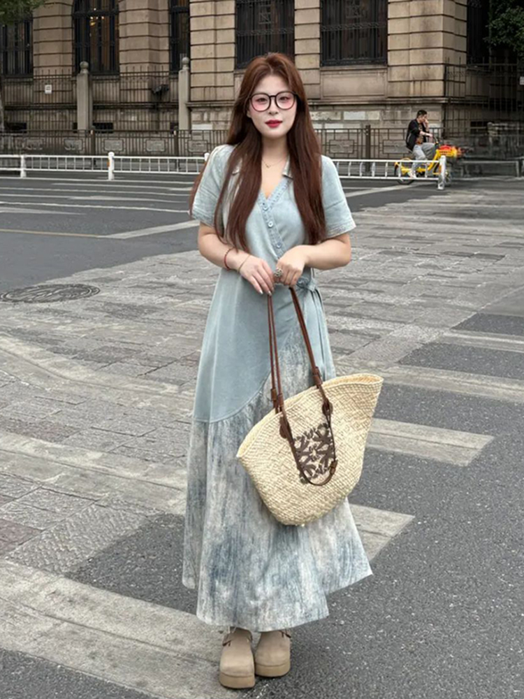 Plus Size Spliced Strap Short Sleeve Dress for Women - 2025 New Slimming Cover-Up, Trendy Long Dress for Summer Plus Size Spliced Strap Short Sleeve Dress for Women - 2025 New Slimming Cover-Up, Trendy Long Dress for Summer