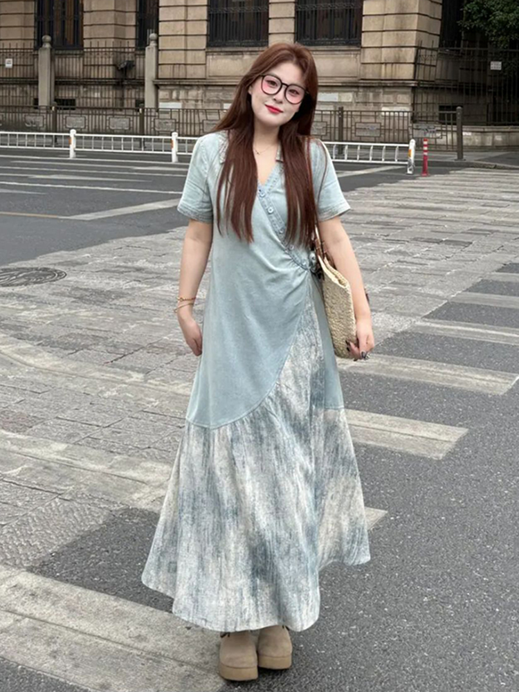 Plus Size Spliced Strap Short Sleeve Dress for Women - 2025 New Slimming Cover-Up, Trendy Long Dress for Summer Plus Size Spliced Strap Short Sleeve Dress for Women - 2025 New Slimming Cover-Up, Trendy Long Dress for Summer