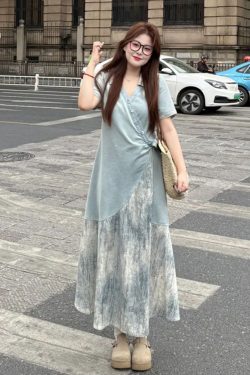 Plus Size Spliced Strap Short Sleeve Dress for Women - 2025 New Slimming Cover-Up, Trendy Long Dress for Summer