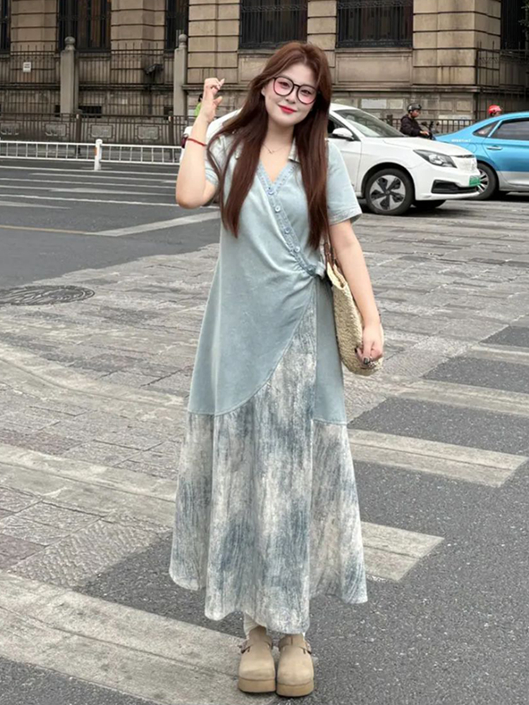 Plus Size Spliced Strap Short Sleeve Dress for Women - 2025 New Slimming Cover-Up, Trendy Long Dress for Summer Plus Size Spliced Strap Short Sleeve Dress for Women - 2025 New Slimming Cover-Up, Trendy Long Dress for Summer