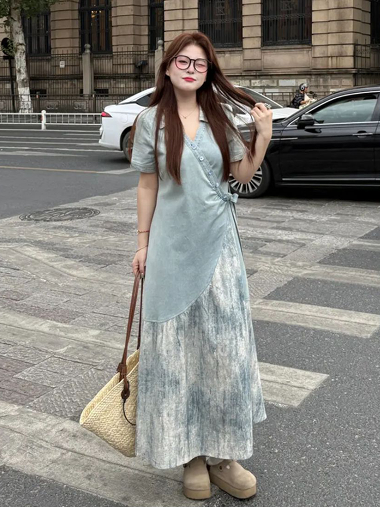 Plus Size Spliced Strap Short Sleeve Dress for Women - 2025 New Slimming Cover-Up, Trendy Long Dress for Summer Plus Size Spliced Strap Short Sleeve Dress for Women - 2025 New Slimming Cover-Up, Trendy Long Dress for Summer