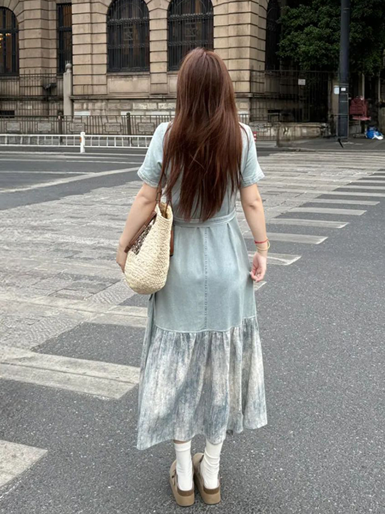 Plus Size Spliced Strap Short Sleeve Dress for Women - 2025 New Slimming Cover-Up, Trendy Long Dress for Summer Plus Size Spliced Strap Short Sleeve Dress for Women - 2025 New Slimming Cover-Up, Trendy Long Dress for Summer