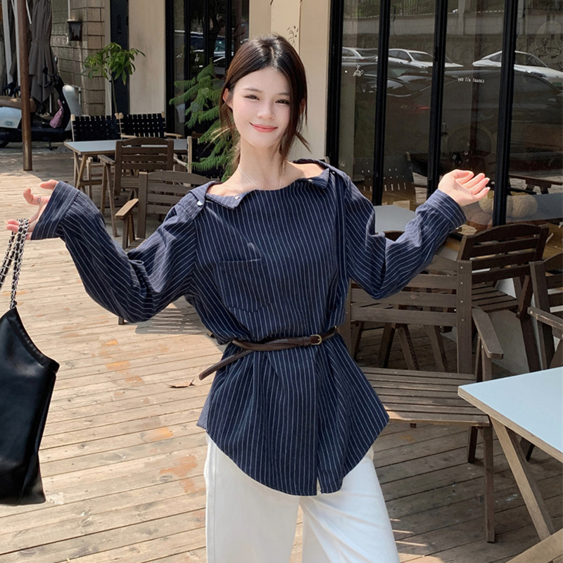 Plus Size Striped One-Shoulder Long Sleeve Shirt for Women, Autumn French Style, Loose Fit, Flattering High-End Quality Top Plus Size Striped One-Shoulder Long Sleeve Shirt for Women, Autumn French Style, Loose Fit, Flattering High-End Quality Top