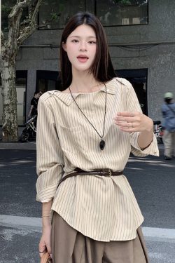 Plus Size Striped One-Shoulder Long Sleeve Shirt for Women, Autumn French Style, Loose Fit, Flattering High-End Quality Top