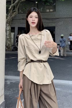 Plus Size Striped One-Shoulder Long Sleeve Shirt for Women, Autumn French Style, Loose Fit, Flattering High-End Quality Top