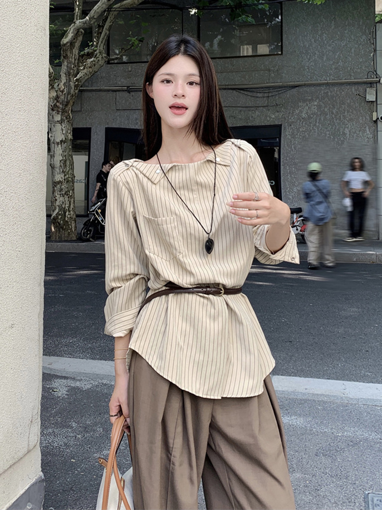 Plus Size Striped One-Shoulder Long Sleeve Shirt for Women, Autumn French Style, Loose Fit, Flattering High-End Quality Top Plus Size Striped One-Shoulder Long Sleeve Shirt for Women, Autumn French Style, Loose Fit, Flattering High-End Quality Top