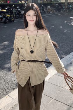 Plus Size Striped One-Shoulder Long Sleeve Shirt for Women, Autumn French Style, Loose Fit, Flattering High-End Quality Top