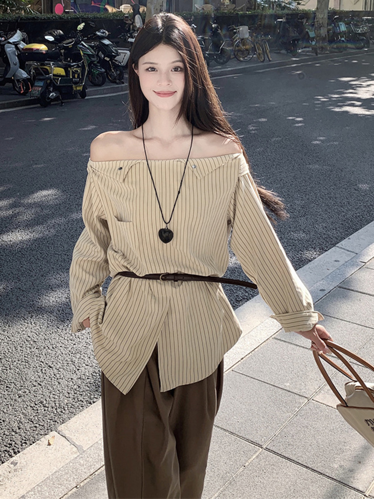 Plus Size Striped One-Shoulder Long Sleeve Shirt for Women, Autumn French Style, Loose Fit, Flattering High-End Quality Top Plus Size Striped One-Shoulder Long Sleeve Shirt for Women, Autumn French Style, Loose Fit, Flattering High-End Quality Top