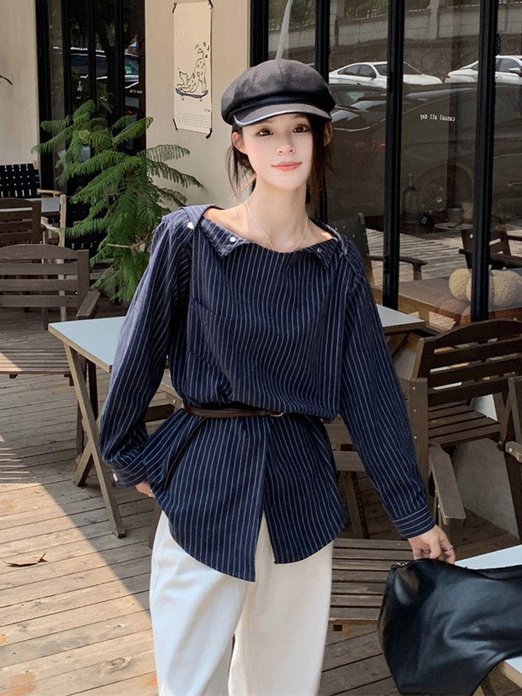 Plus Size Striped One-Shoulder Long Sleeve Shirt for Women, Autumn French Style, Loose Fit, Flattering High-End Quality Top Plus Size Striped One-Shoulder Long Sleeve Shirt for Women, Autumn French Style, Loose Fit, Flattering High-End Quality Top