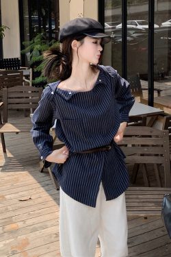 Plus Size Striped One-Shoulder Long Sleeve Shirt for Women, Autumn French Style, Loose Fit, Flattering High-End Quality Top
