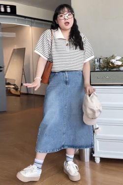 Plus Size Striped Polo Shirt for Women - Summer Lapel Top, Flattering Loose Fit, Shoulder-Reducing, Age-Defying Style