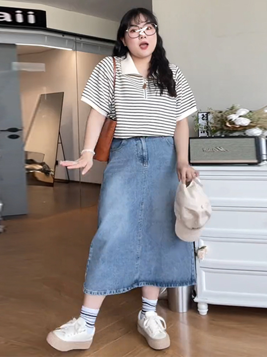 Plus Size Striped Polo Shirt for Women - Summer Lapel Top, Flattering Loose Fit, Shoulder-Reducing, Age-Defying Style Plus Size Striped Polo Shirt for Women - Summer Lapel Top, Flattering Loose Fit, Shoulder-Reducing, Age-Defying Style