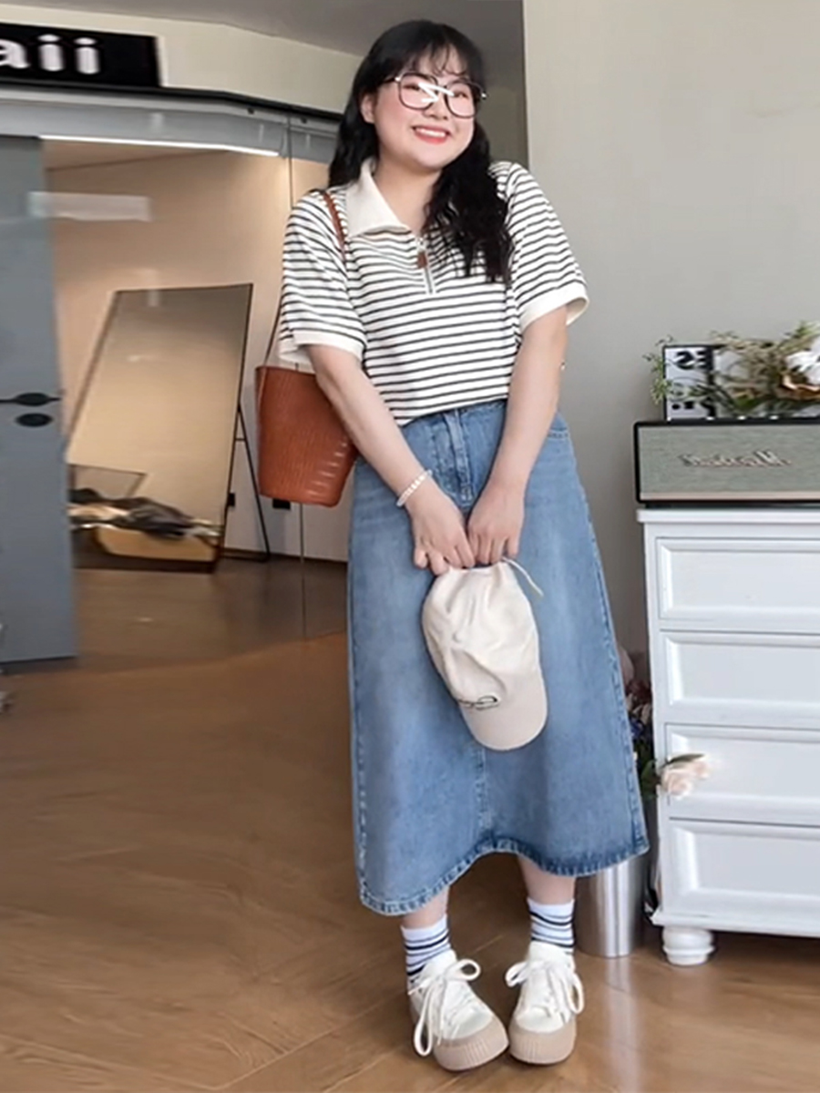 Plus Size Striped Polo Shirt for Women - Summer Lapel Top, Flattering Loose Fit, Shoulder-Reducing, Age-Defying Style Plus Size Striped Polo Shirt for Women - Summer Lapel Top, Flattering Loose Fit, Shoulder-Reducing, Age-Defying Style