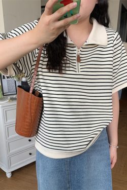 Plus Size Striped Polo Shirt for Women - Summer Lapel Top, Flattering Loose Fit, Shoulder-Reducing, Age-Defying Style