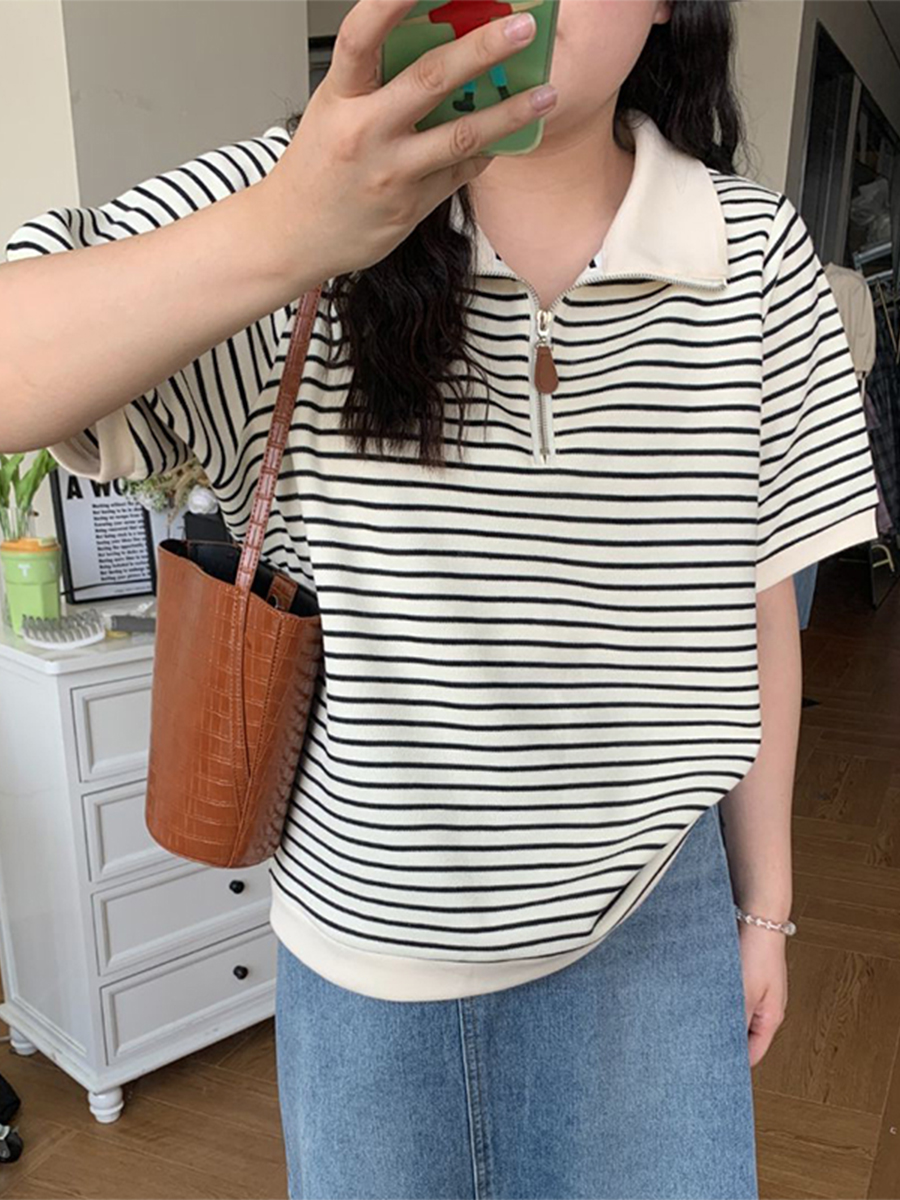 Plus Size Striped Polo Shirt for Women - Summer Lapel Top, Flattering Loose Fit, Shoulder-Reducing, Age-Defying Style Plus Size Striped Polo Shirt for Women - Summer Lapel Top, Flattering Loose Fit, Shoulder-Reducing, Age-Defying Style