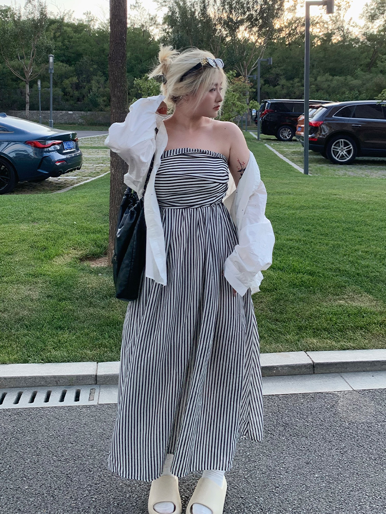 Plus Size Striped Strapless Dress for Curvy Figures - Gentle Temperament Beach Vacation Style, Super Stylish Summer Dress Plus Size Striped Strapless Dress for Curvy Figures - Gentle Temperament Beach Vacation Style, Super Stylish Summer Dress