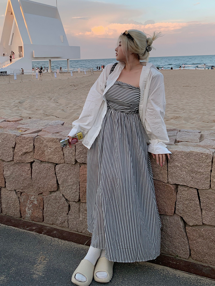 Plus Size Striped Strapless Dress for Curvy Figures - Gentle Temperament Beach Vacation Style, Super Stylish Summer Dress Plus Size Striped Strapless Dress for Curvy Figures - Gentle Temperament Beach Vacation Style, Super Stylish Summer Dress