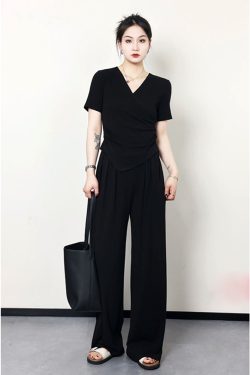 Plus Size Summer Casual Set for Women - Slimming Waist Short Sleeve T-Shirt and Wide Leg Pants - Trendy Lightweight Outfit