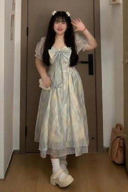 Plus-Size Summer Floral Water Wave Dress for Women, French Style Flattering Waist Fairy Dress, Elegant Blue 90s Inspired Fashion