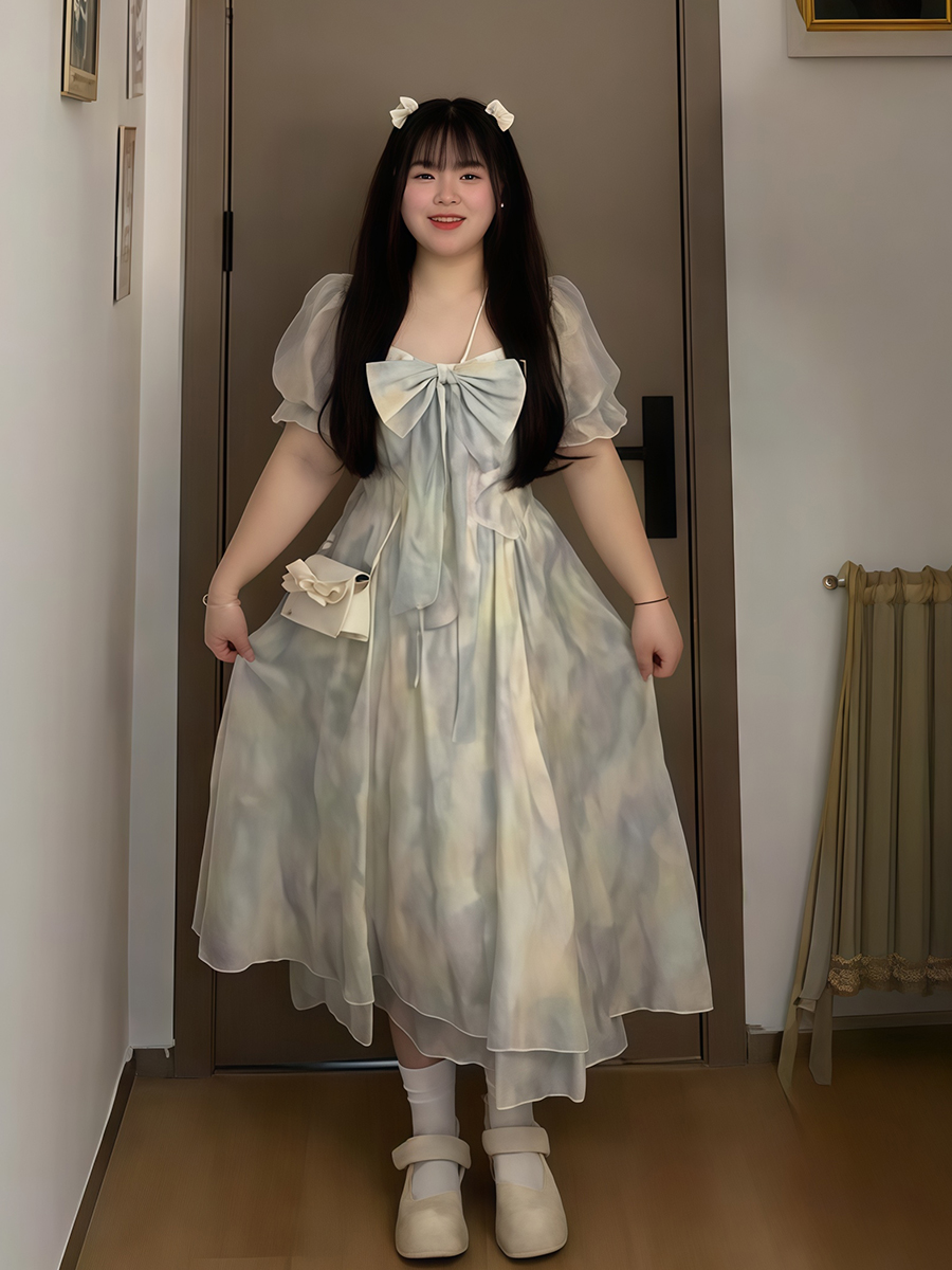 Plus-Size Summer Floral Water Wave Dress for Women, French Style Flattering Waist Fairy Dress, Elegant Blue 90s Inspired Fashion Plus-Size Summer Floral Water Wave Dress for Women, French Style Flattering Waist Fairy Dress, Elegant Blue 90s Inspired Fashion