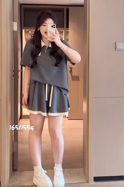 Plus Size Summer Leisure Sports Outfit for Women, Slimming Polo Collar Top and Shorts, Youthful Fashionable Two-Piece Set