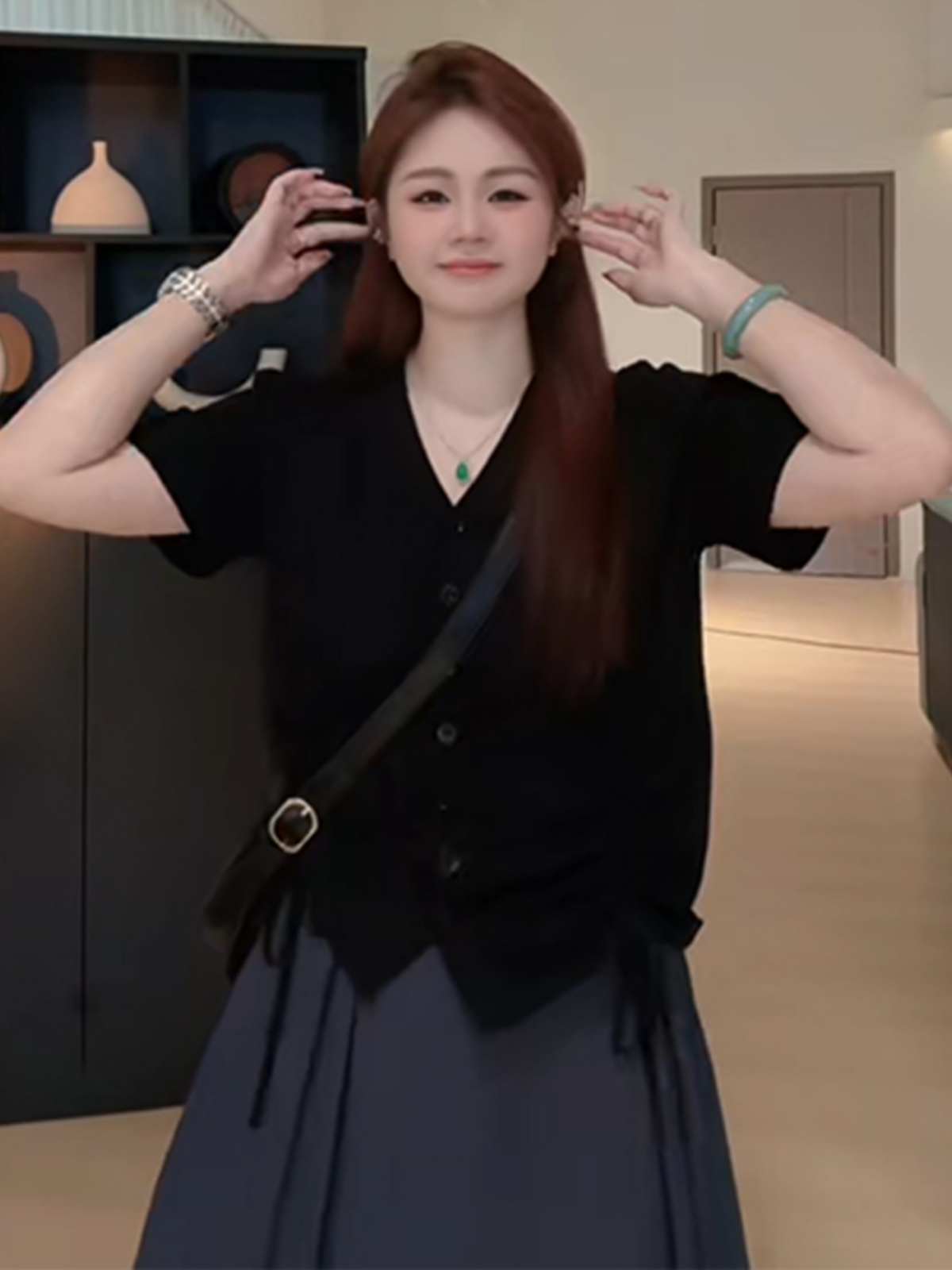 Plus Size Summer Niche Top with Shoulder Drawstring, Loose Fit V-Neck Short Sleeve T-Shirt for Curvy Women, Flattering Style Plus Size Summer Niche Top with Shoulder Drawstring, Loose Fit V-Neck Short Sleeve T-Shirt for Curvy Women, Flattering Style