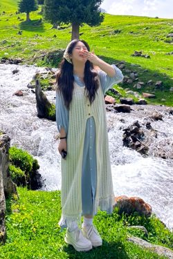 Plus-Size Summer Vacation Two-Piece Set with Tassel Skirt and Hollow-Out Cover-Up Dress - Loose Layered Style for Travel