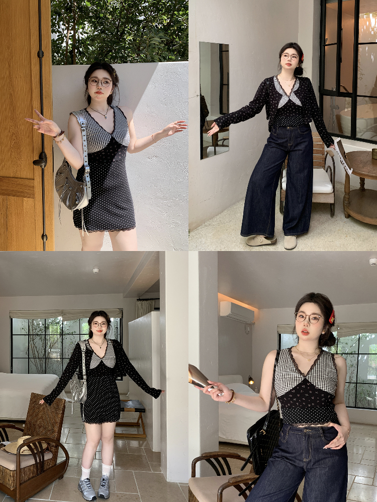 Plus Size Sweetheart Plaid Splicing Floral Cardigan and Vest Dress Set - Sweet and Spicy Style for 90s and Y2K Fashion Plus Size Sweetheart Plaid Splicing Floral Cardigan and Vest Dress Set - Sweet and Spicy Style for 90s and Y2K Fashion