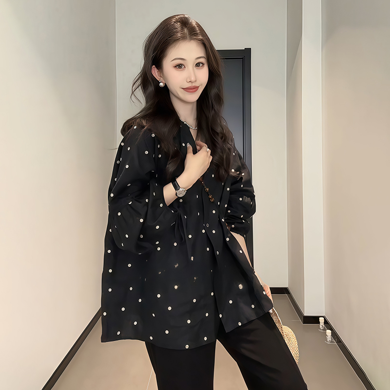 Plus-Size V-Neck Black Polka Dot Lantern Sleeve Shirt for Women - Stylish Spring Summer Top, Flattering Fit Plus-Size V-Neck Black Polka Dot Lantern Sleeve Shirt for Women - Stylish Spring Summer Top, Flattering Fit