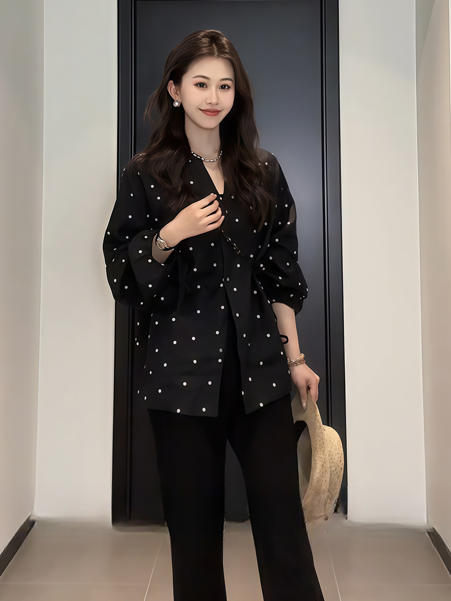 Plus-Size V-Neck Black Polka Dot Lantern Sleeve Shirt for Women - Stylish Spring Summer Top, Flattering Fit Plus-Size V-Neck Black Polka Dot Lantern Sleeve Shirt for Women - Stylish Spring Summer Top, Flattering Fit