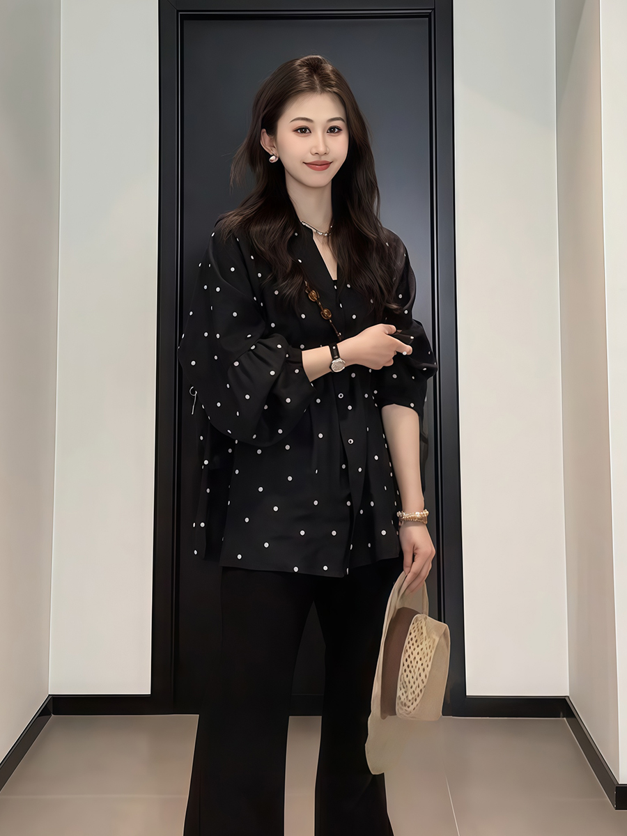 Plus-Size V-Neck Black Polka Dot Lantern Sleeve Shirt for Women - Stylish Spring Summer Top, Flattering Fit Plus-Size V-Neck Black Polka Dot Lantern Sleeve Shirt for Women - Stylish Spring Summer Top, Flattering Fit