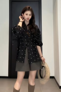 Plus-Size V-Neck Black Polka Dot Lantern Sleeve Shirt for Women - Stylish Spring Summer Top, Flattering Fit