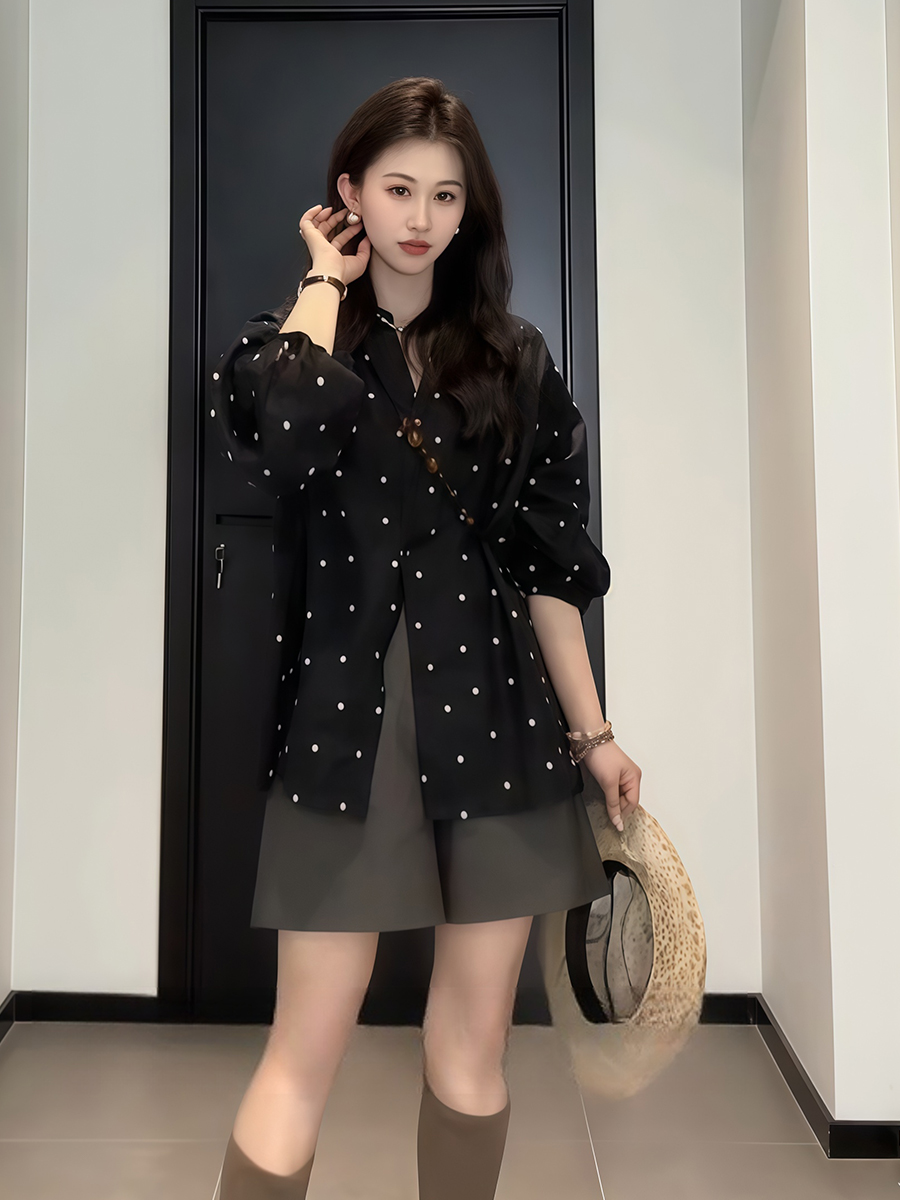 Plus-Size V-Neck Black Polka Dot Lantern Sleeve Shirt for Women - Stylish Spring Summer Top, Flattering Fit Plus-Size V-Neck Black Polka Dot Lantern Sleeve Shirt for Women - Stylish Spring Summer Top, Flattering Fit