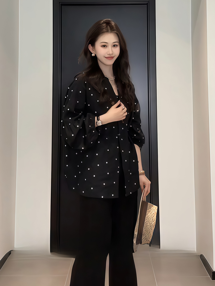 Plus-Size V-Neck Black Polka Dot Lantern Sleeve Shirt for Women - Stylish Spring Summer Top, Flattering Fit Plus-Size V-Neck Black Polka Dot Lantern Sleeve Shirt for Women - Stylish Spring Summer Top, Flattering Fit