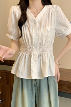 Plus-Size V-Neck Short-Sleeve Summer Top - Flattering Waist-Cinching Design for Curvy Figures, Versatile and Stylish for Any Occasion