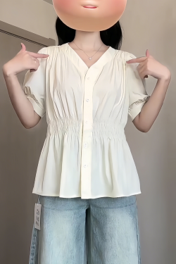 Plus-Size V-Neck Short-Sleeve Summer Top - Flattering Waist-Cinching Design for Curvy Figures, Versatile and Stylish for Any Occasion