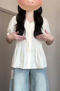 Plus-Size V-Neck Short-Sleeve Summer Top - Flattering Waist-Cinching Design for Curvy Figures, Versatile and Stylish for Any Occasion