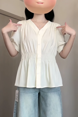 Plus-Size V-Neck Short-Sleeve Summer Top - Flattering Waist-Cinching Design for Curvy Figures, Versatile and Stylish for Any Occasion