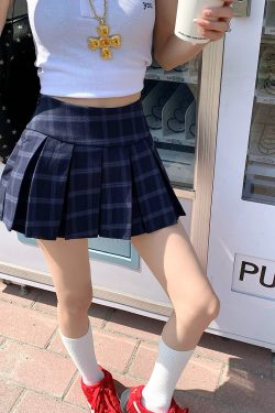 Plus Size Vintage Blue Plaid Pleated Skirt for Women - High Waist Slimming A-Line Design, Short Skirt for Curvy Girls