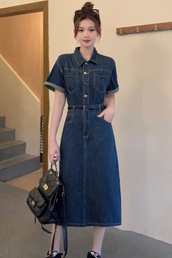 Plus-Size Vintage Denim Dress for Women, Summer A-Line Skirt, Flattering Fit, Chic Hong Kong Style, Perfect for Curvy Figures