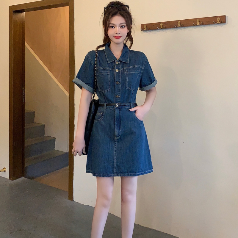 Plus-Size Vintage Denim Dress for Women, Summer A-Line Skirt, Flattering Fit, Chic Hong Kong Style, Perfect for Curvy Figures Plus-Size Vintage Denim Dress for Women, Summer A-Line Skirt, Flattering Fit, Chic Hong Kong Style, Perfect for Curvy Figures