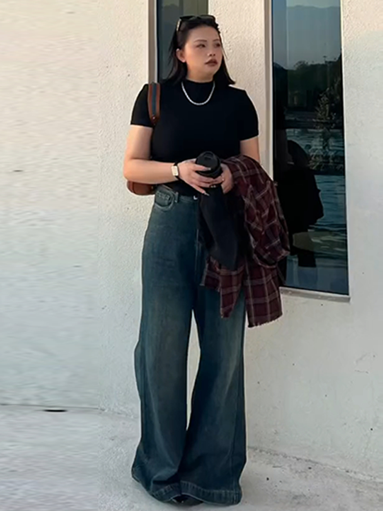 Plus Size Vintage French Style Slimming Black Half-High Neck Short Sleeve Top - Trendy Summer T-Shirt for Women Plus Size Vintage French Style Slimming Black Half-High Neck Short Sleeve Top - Trendy Summer T-Shirt for Women