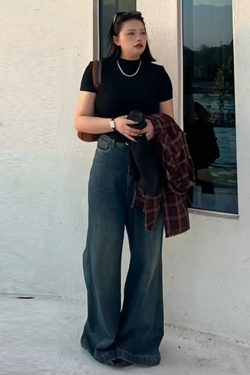 Plus Size Vintage French Style Slimming Black Half-High Neck Short Sleeve Top - Trendy Summer T-Shirt for Women