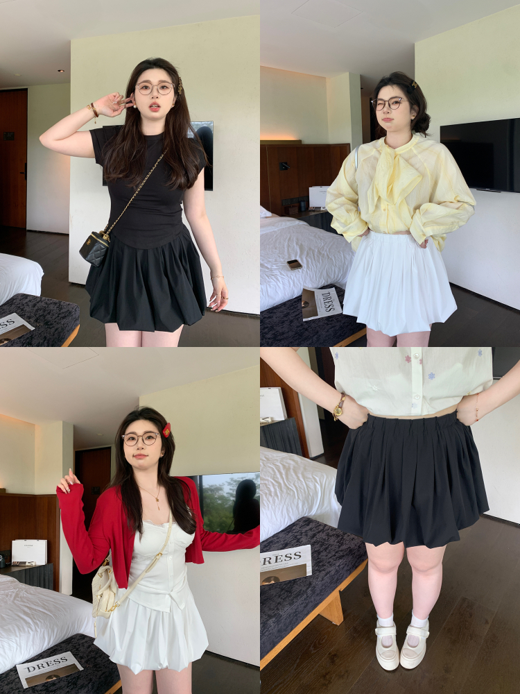 Plus Size White Floral Bud Puffy Half Skirt - Slimming Cloud Alice Style Short Skirt for a Chic 90s Y2K Look Plus Size White Floral Bud Puffy Half Skirt - Slimming Cloud Alice Style Short Skirt for a Chic 90s Y2K Look