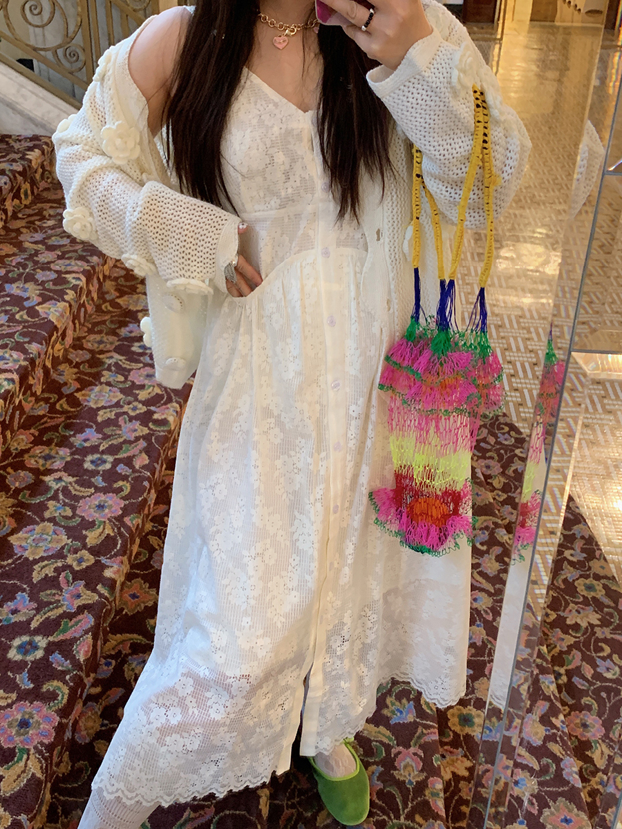 Plus Size White Lace Pocket Camisole Dress for Women - Spring Summer 2025 Long Dress for Curvy Figures, Y2K Style Plus Size White Lace Pocket Camisole Dress for Women - Spring Summer 2025 Long Dress for Curvy Figures, Y2K Style