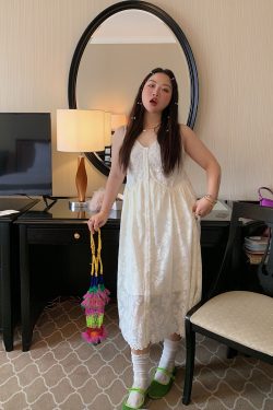 Plus Size White Lace Pocket Camisole Dress for Women - Spring Summer 2025 Long Dress for Curvy Figures, Y2K Style