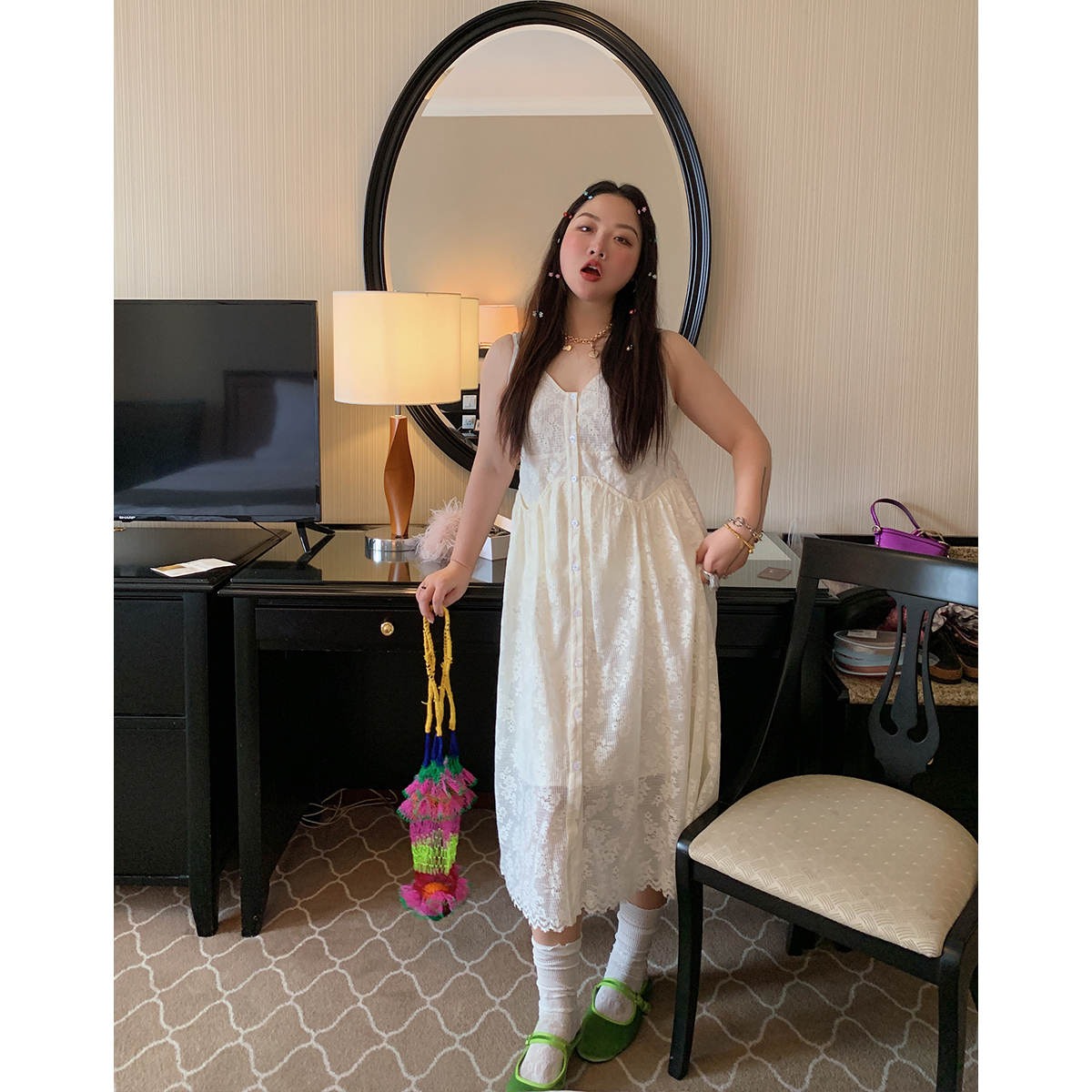 Plus Size White Lace Pocket Camisole Dress for Women - Spring Summer 2025 Long Dress for Curvy Figures, Y2K Style Plus Size White Lace Pocket Camisole Dress for Women - Spring Summer 2025 Long Dress for Curvy Figures, Y2K Style