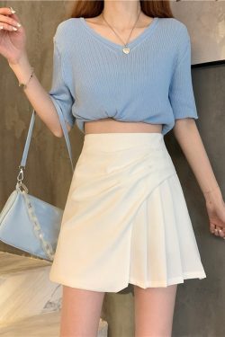 Plus Size White Pleated Mini Skirt for Women, Summer Irregular High Waist A-Line Bodycon in Slimming Wrinkled Style